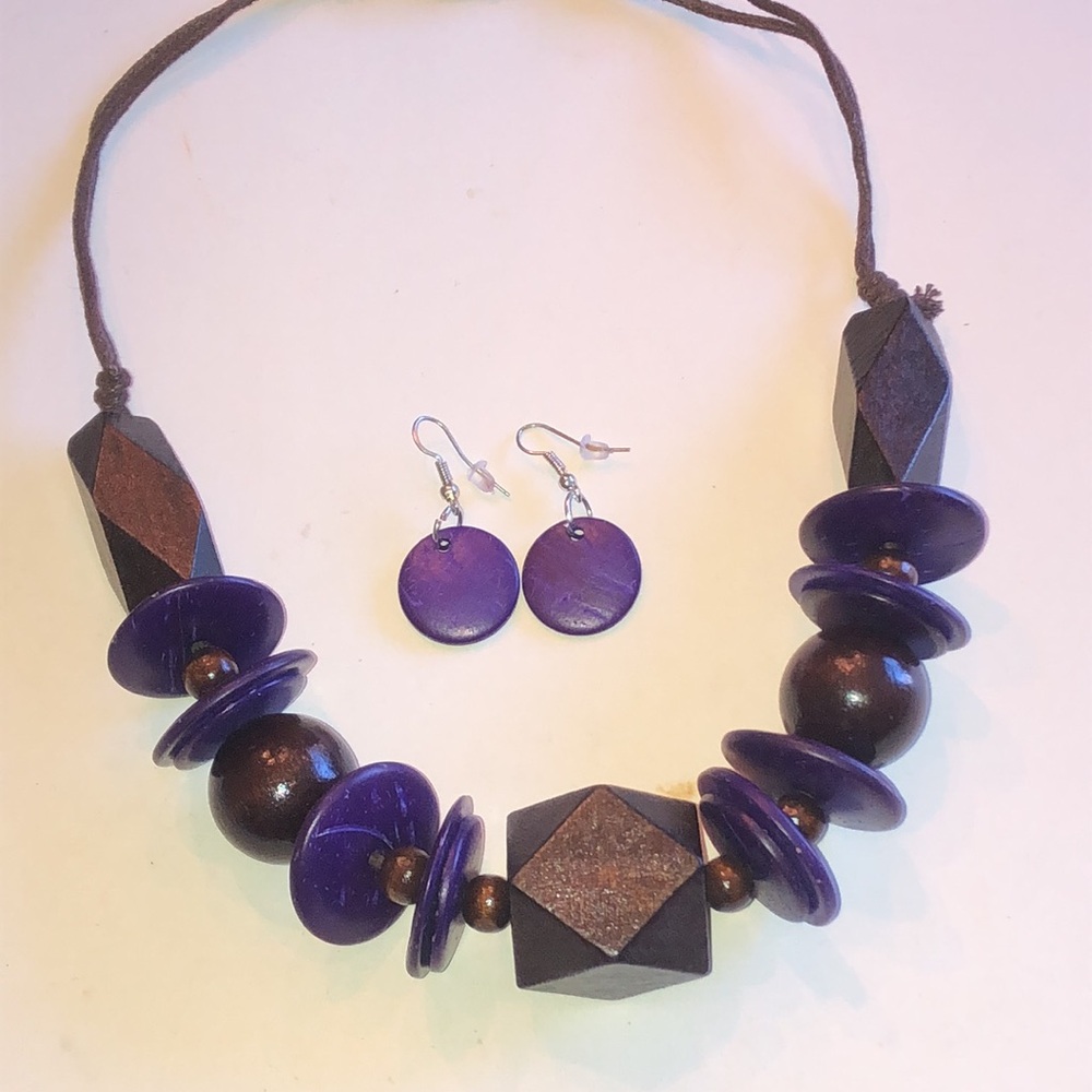 Brown and Purple Wooden Beaded Boho Statement Necklace and Earring Set